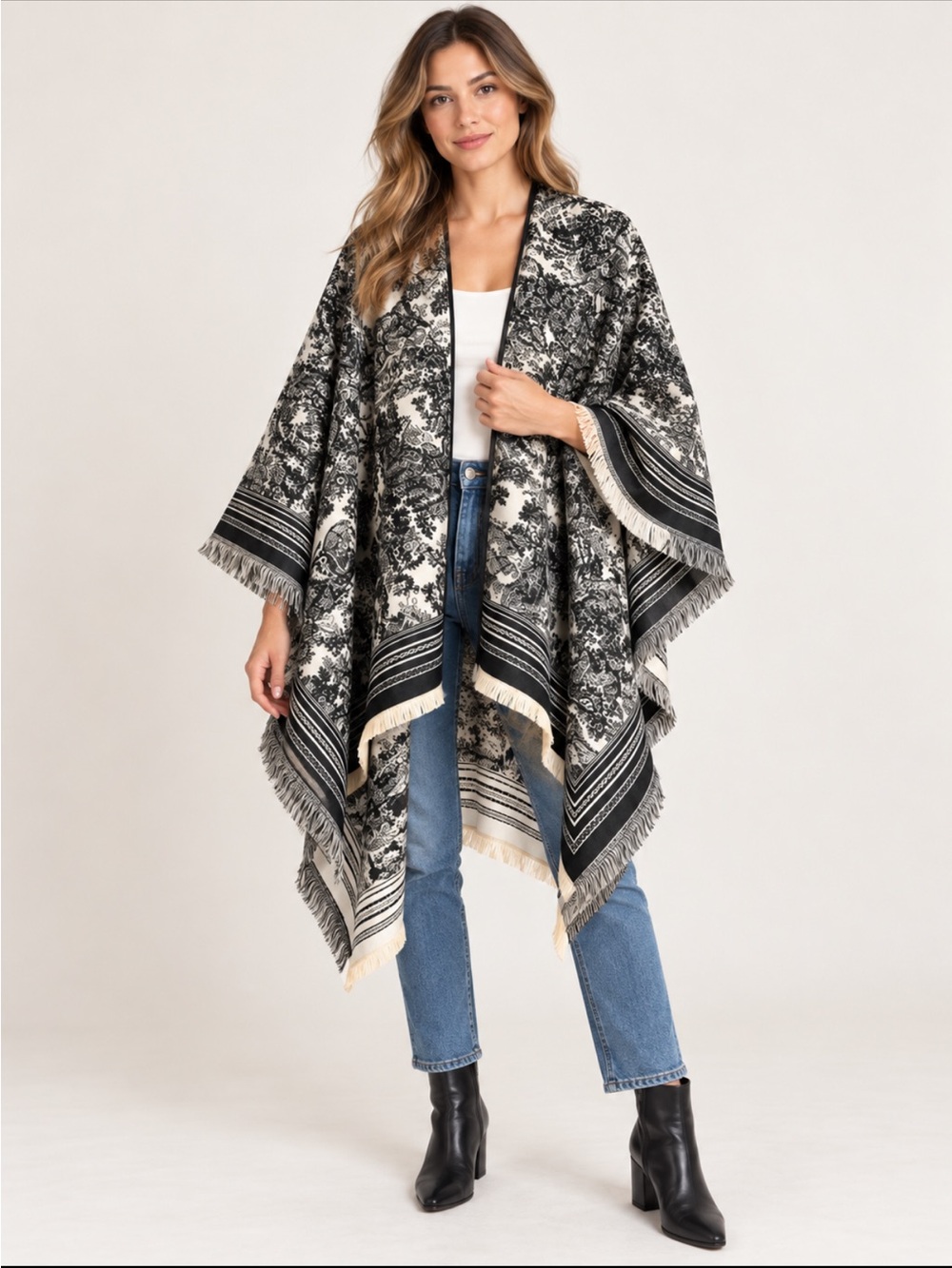 Black & Cream Floral Fringe Wrap or Scarf NWT